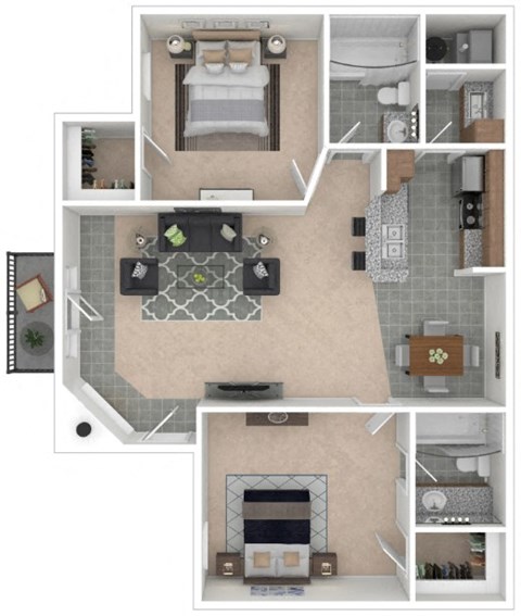 Floor plan for 2 beds, 2 baths, 1170 sqft